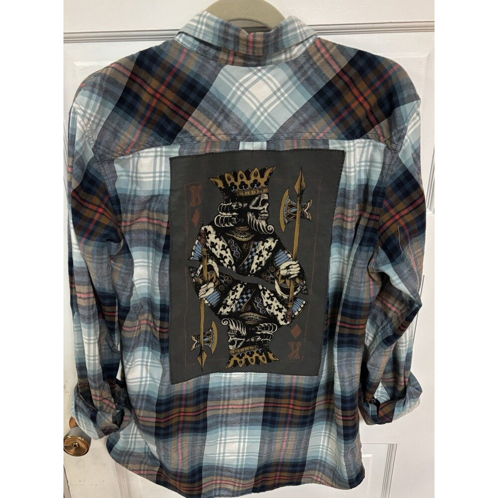 King Of Diamonds Card Upcycled Flannel Button Up Shirt Size Medium Grunge Plaid